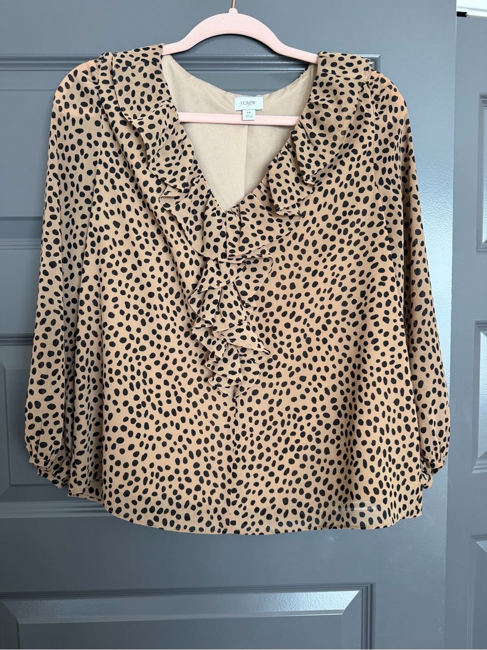J. Crew Tan Blouse with Black Spot Ruffle V-Neck - never worn